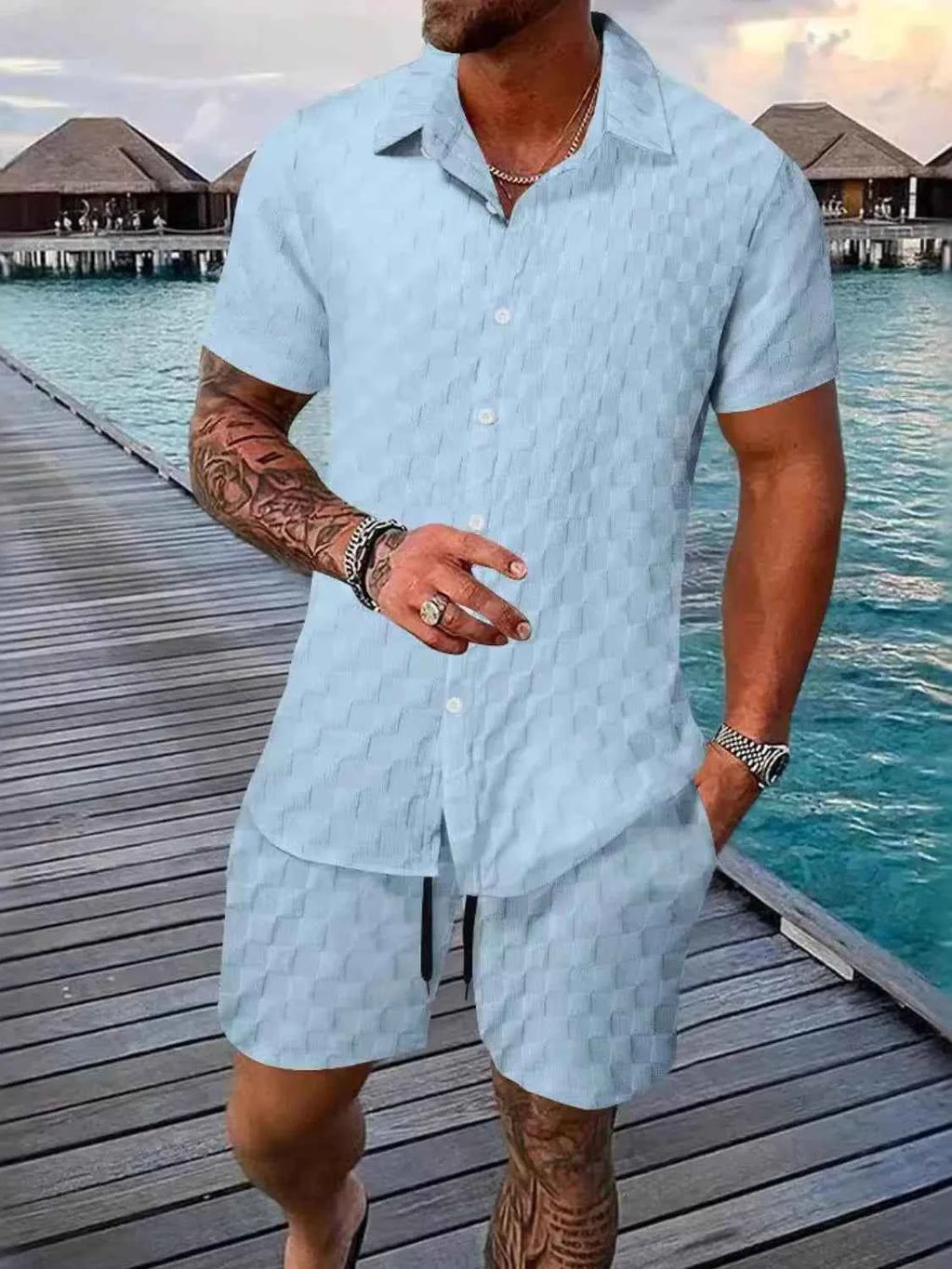 Ensemble homme – Haut à col chemise manches courtes + short assorti
