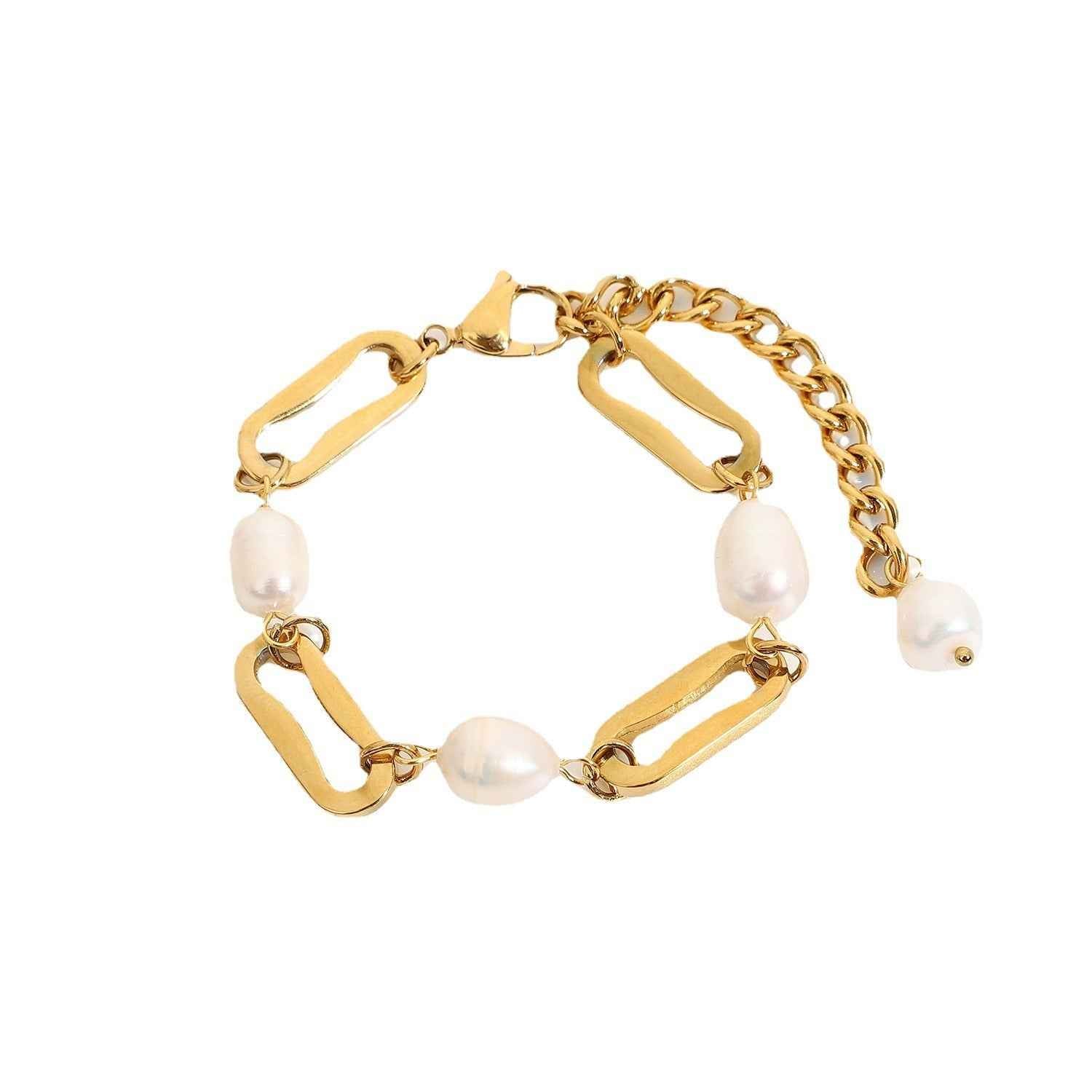 🤍 Bracelet Chaîne Rectangle & Perle – Luxe discret en Or 18K