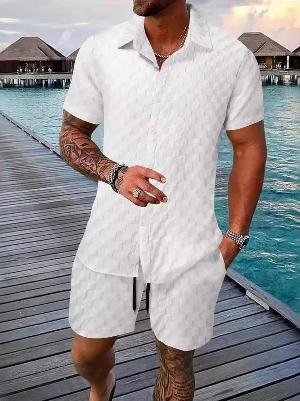 Ensemble homme – Haut à col chemise manches courtes + short assorti