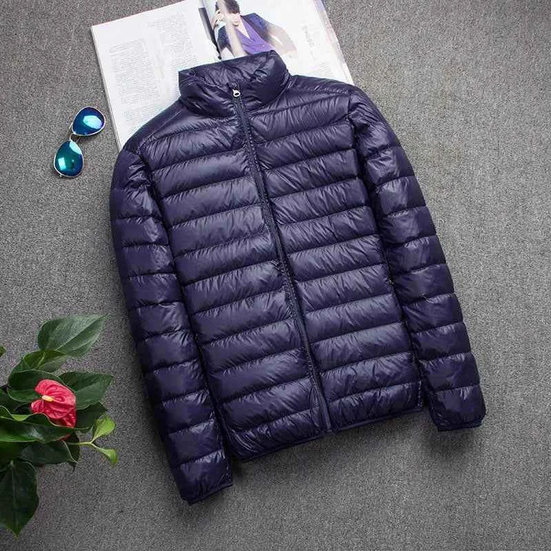Autumn Winter Down Jacket Men Casual Stand Collar Ultra Light Parka Coat Portable Outwear Windproof White Duck Down Jacket 4XL