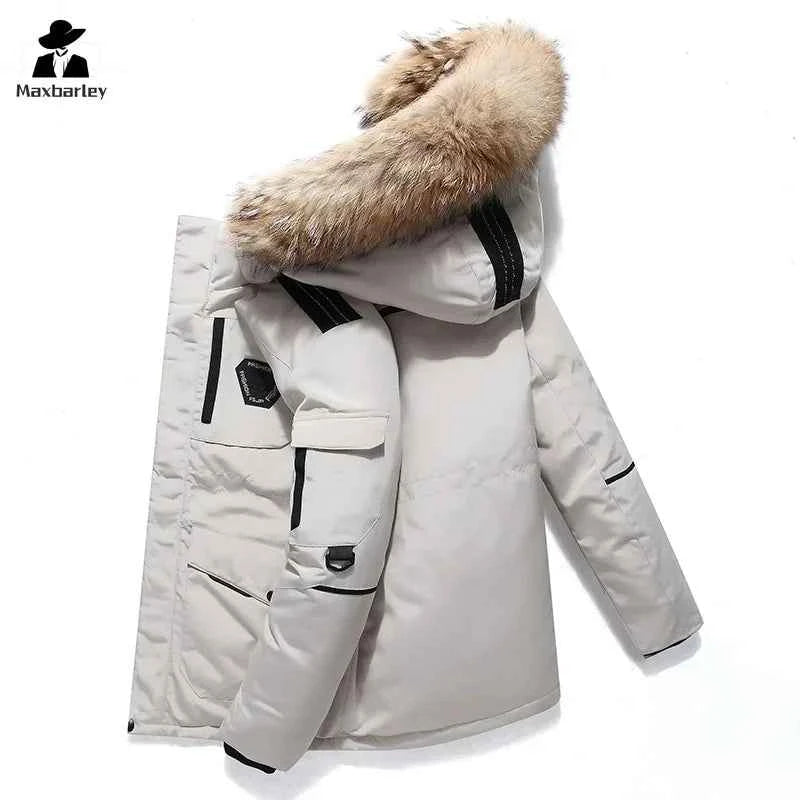 Winter Down Jacket Men's South Korea Running Fur Collar Hooded Luxury White Duck Down Warm Coat Men's Cold-proof Tooling Parka