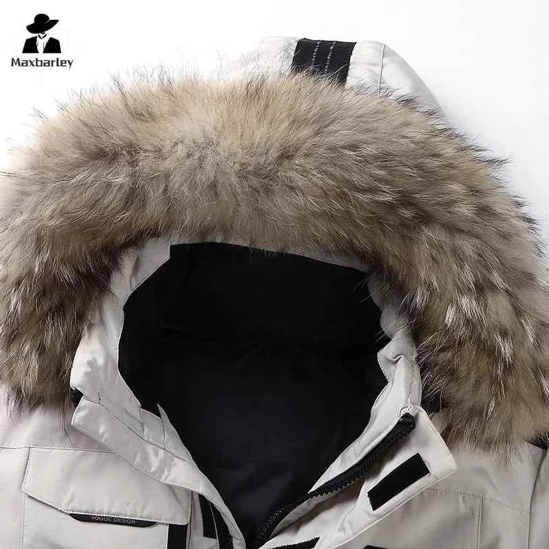 Winter Down Jacket Men's South Korea Running Fur Collar Hooded Luxury White Duck Down Warm Coat Men's Cold-proof Tooling Parka