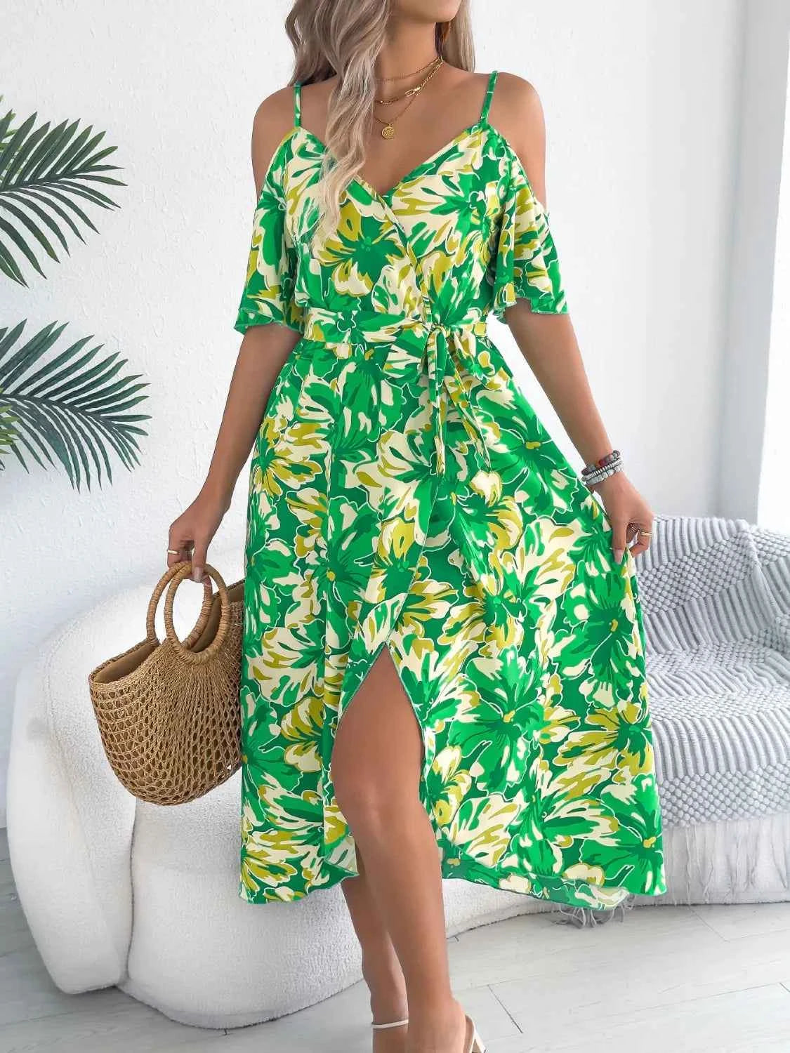 Printed Cold Shoulder Midi Cami Dress