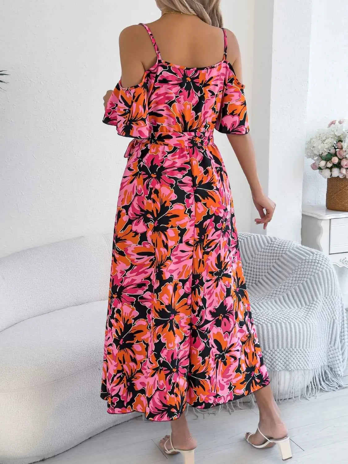Printed Cold Shoulder Midi Cami Dress